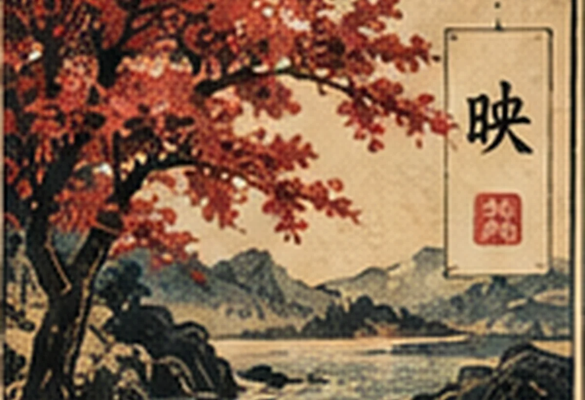 A richly textured landscape of a vermilion-leaved tree by the river