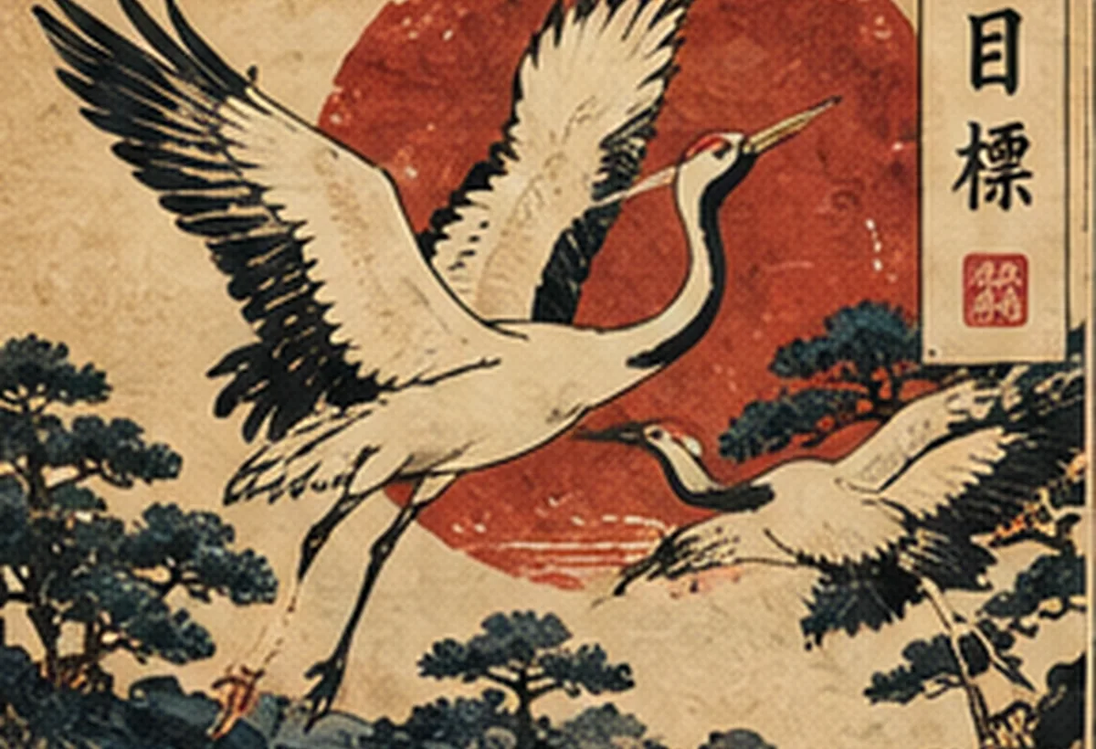 White cranes flying across a scarlet sun