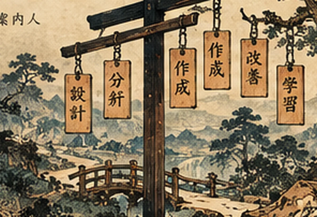 A rustic signpost points through the old landscape