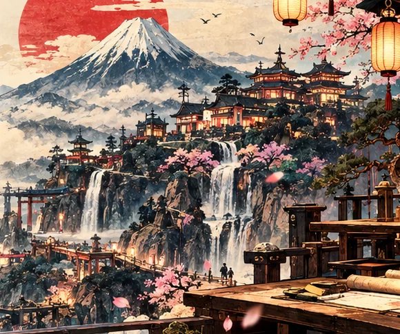 Illustrated mountain city, lit by glowing lanterns beside waterfalls