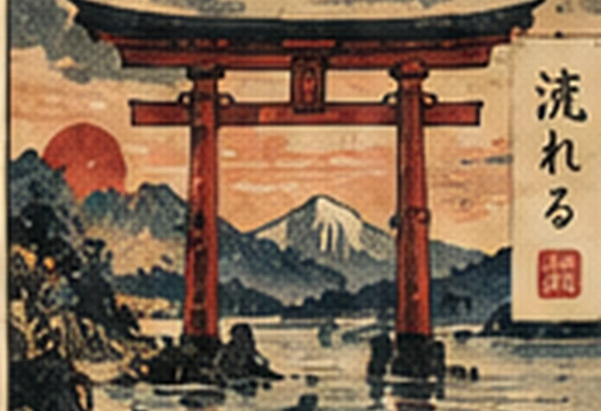 A traditional red torii gate against an illustrated Japanese landscape