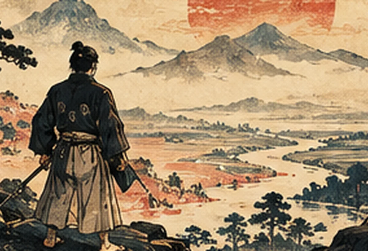 A lone traveler surveys rivers and mountains